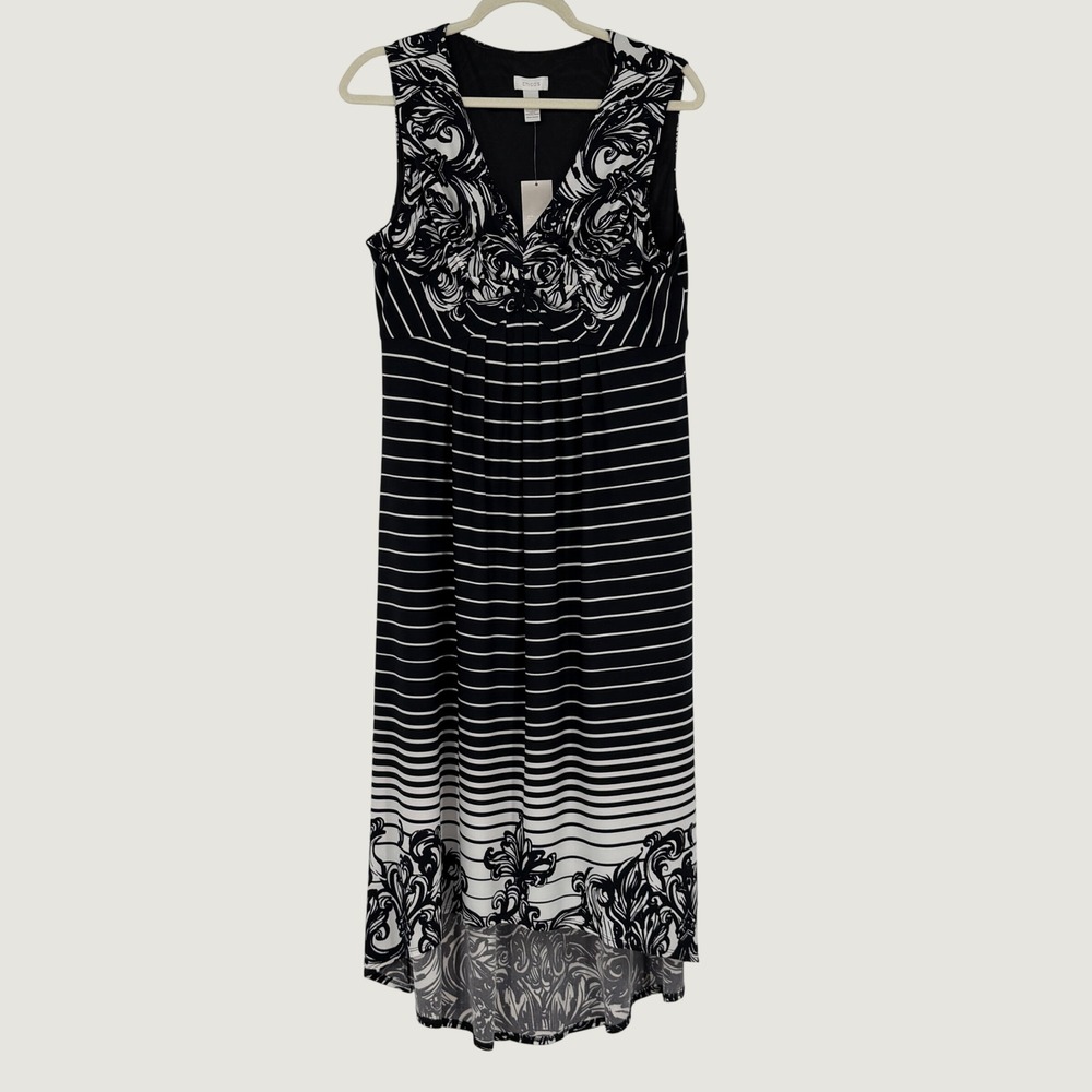 Chicos Sandy Stripe Hi-Low Maxi Dress Black White Scroll Print Size 2 Large NWT